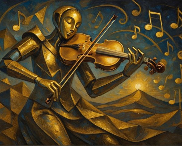 Golden Robotic Violinist in Serene Landscape Art