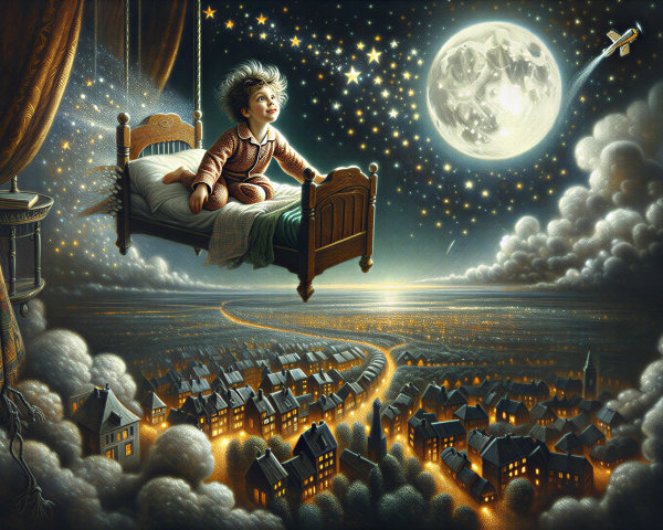 Young boy on wooden bed under moonlit night sky