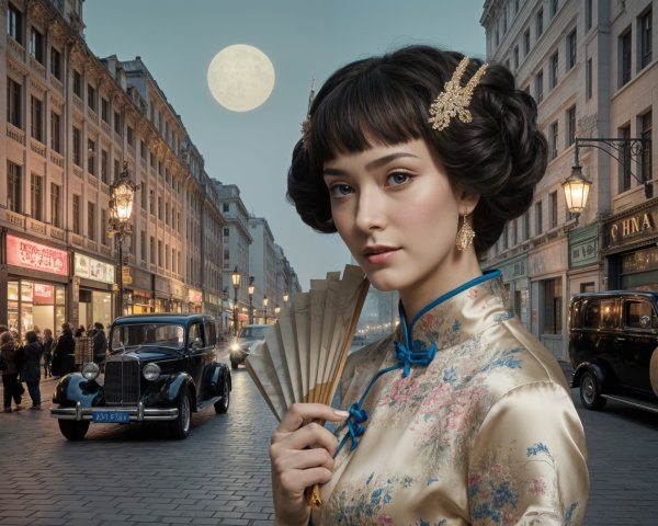 Woman in Traditional Dress on Moonlit Street Scene