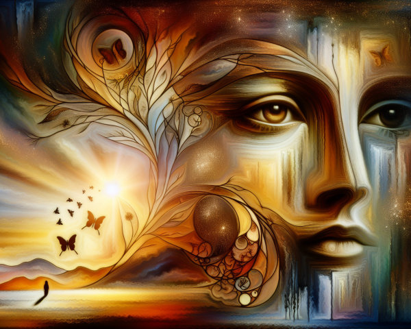 Abstract Artwork of Serene Face with Nature Elements