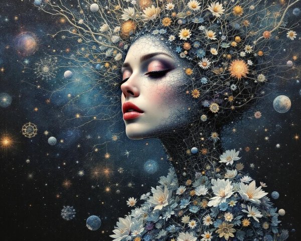 Surreal Portrait of Woman with Cosmic Nature Elements