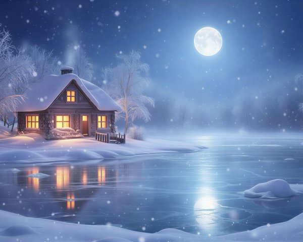 Winter Night Scene with Cozy House and Frozen Lake