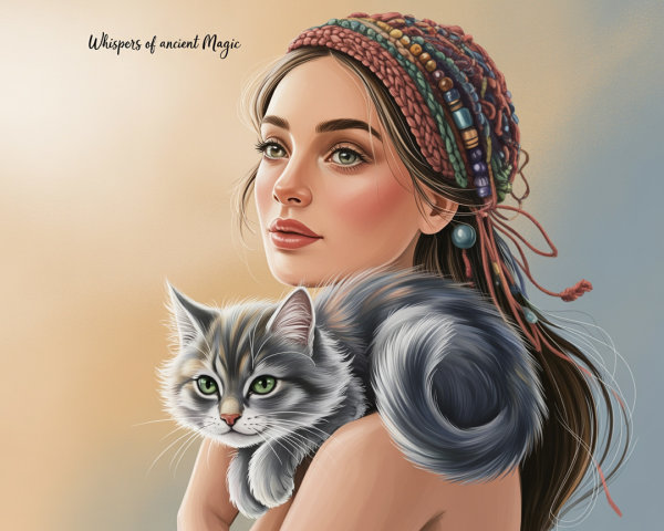 Young woman with cat in whimsical, magical setting