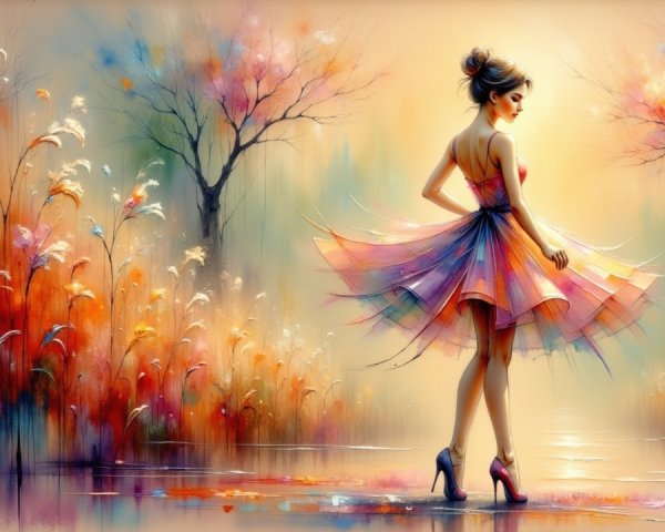 Serene Landscape with Woman in Colorful Dress