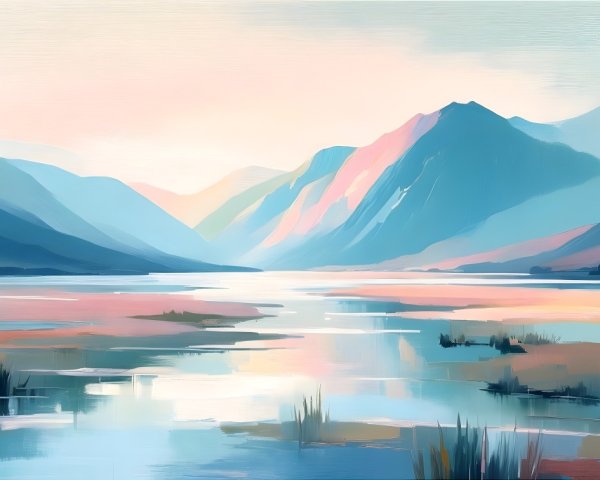 Serene Landscape with Pastel Waters and Mountains
