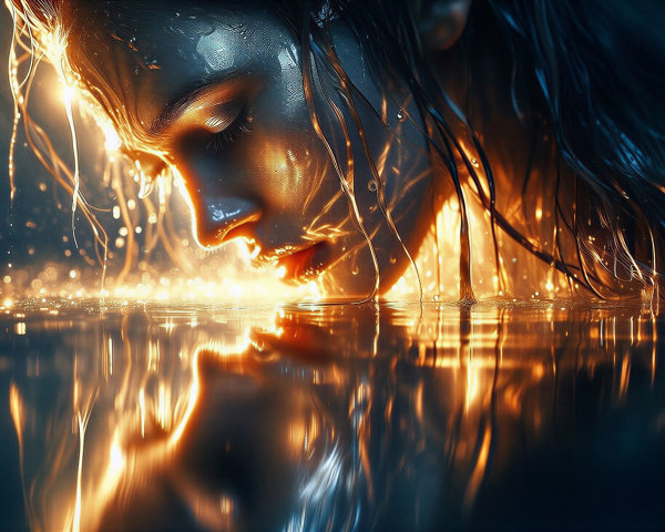 Close-up of a woman's face in illuminated water