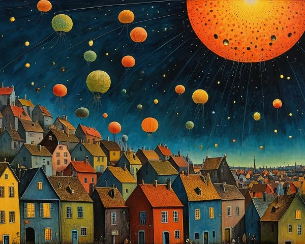 Surreal Landscape with Colorful Houses and Balloons