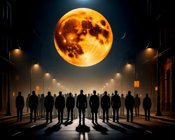 Deserted Urban Street Under Glowing Orange Moonlight