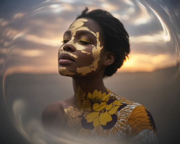 Woman in gold paint at sunset with patterned garment