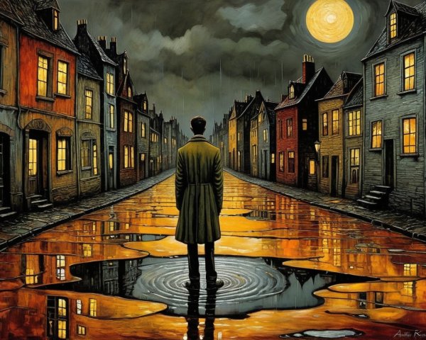 Solitary Figure on Rain-Soaked Street at Night