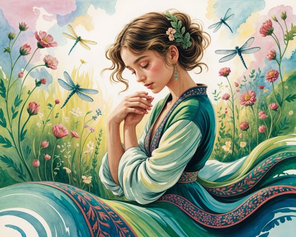 Young Woman in Floral Landscape with Dragonflies