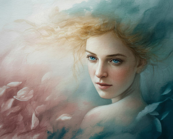 Watercolor Portrait of a Young Woman with Blue Eyes