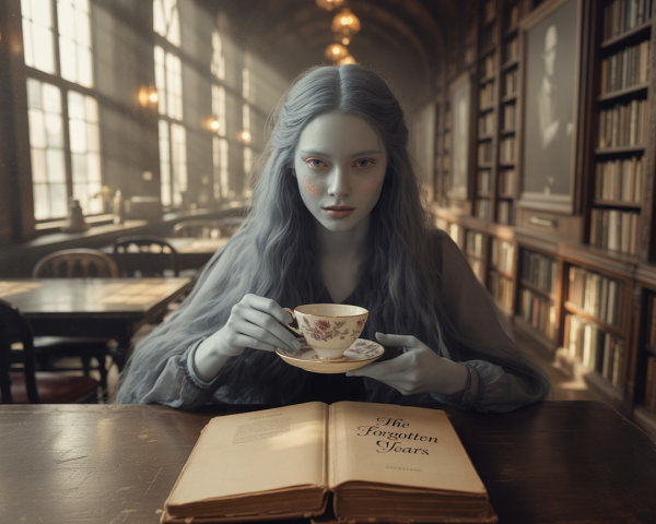 Young Woman in Library with Open Book and Teacup