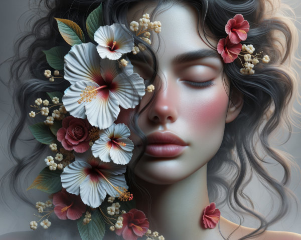 Serene Female Figure with Floral Hair Adornments