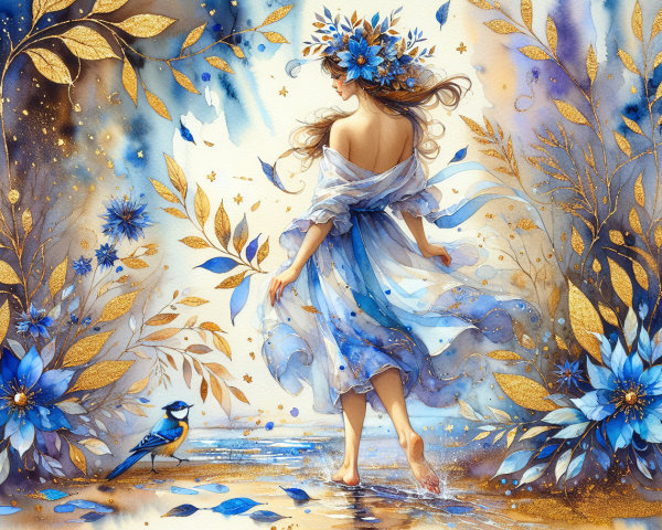 Woman in Blue Dress by Shimmering Water Scene