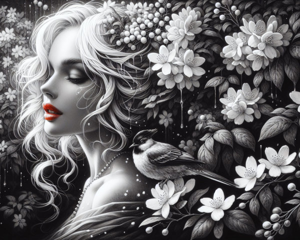 Monochromatic Portrait of Woman with Floral Background