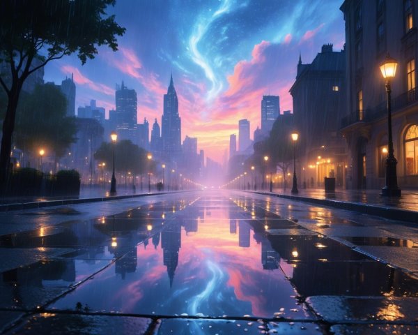 Vibrant Cityscape at Dusk with Colorful Sky