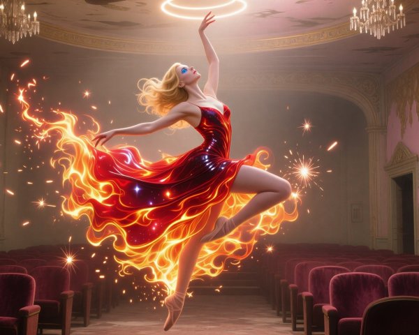 Ethereal Woman in Red Dress Performing Ballet Dance