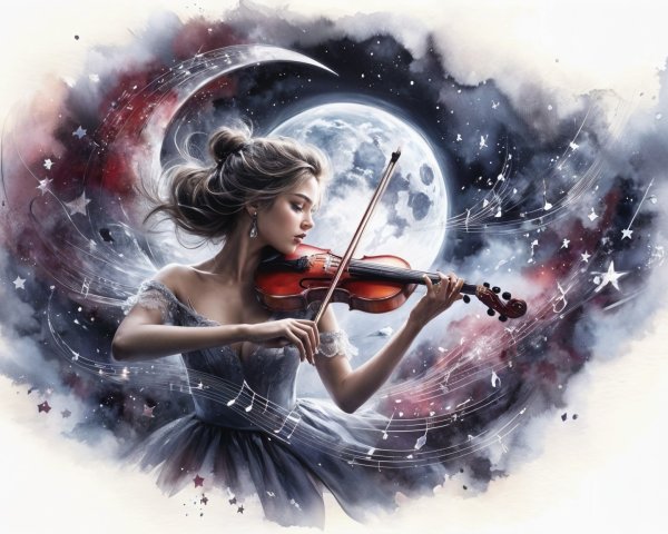 Ethereal Woman Playing Violin Under Full Moon
