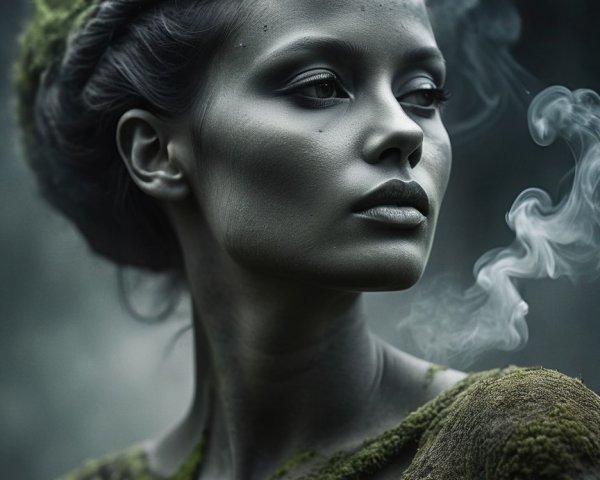 Ethereal Figure Surrounded by Mist and Green Moss