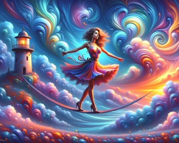Surreal Scene of Woman on Tightrope in Cosmic Sky