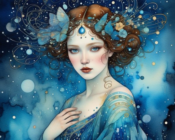Portrait of a young woman in blue gown with butterflies