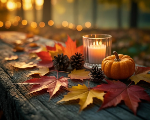 Rustic Table Decor with Autumn Leaves and Pumpkin