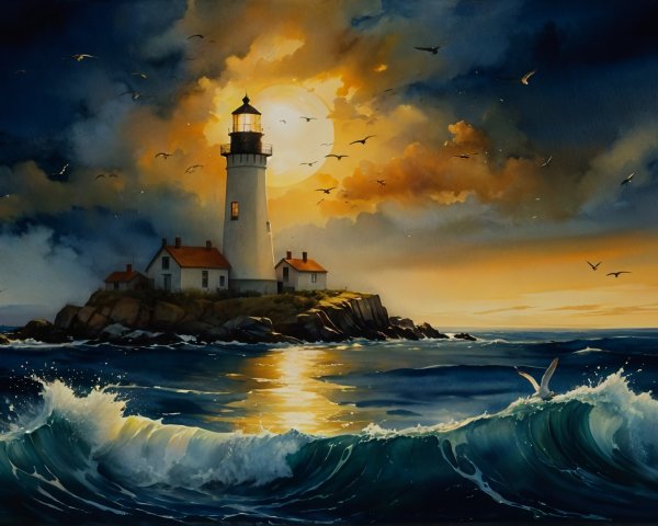 Majestic Watercolor Seascape with Lighthouse at Sunset