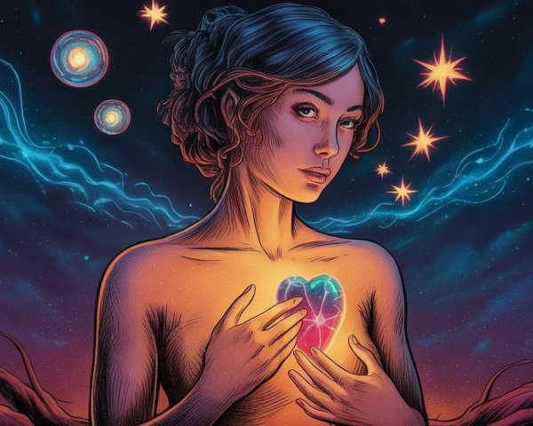Mystical Woman with Glowing Heart in Cosmic Scene