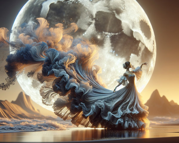 Graceful figure in gown by serene water under moonlight