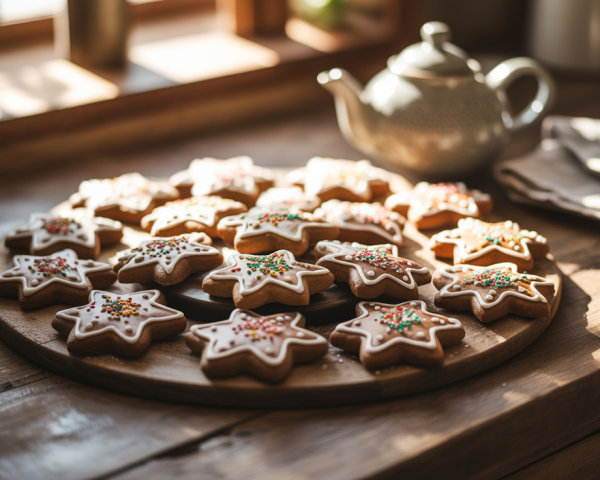 Star-Shaped Cookies on a Wooden Platter in Sunlit Kitchen