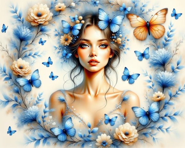 Young woman with butterflies and floral arrangement