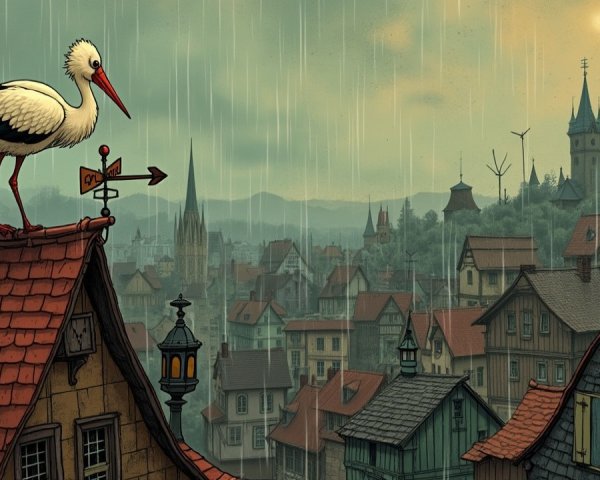 Stork on Weather Vane Overlooks Quaint Village Scene