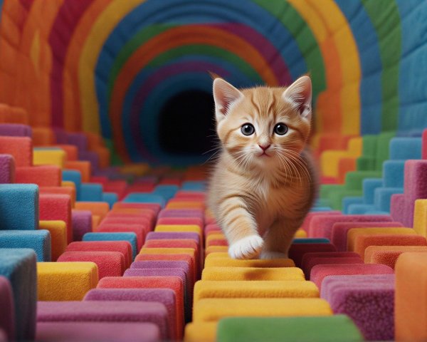 Fluffy Orange and White Kitten Among Colorful Blocks