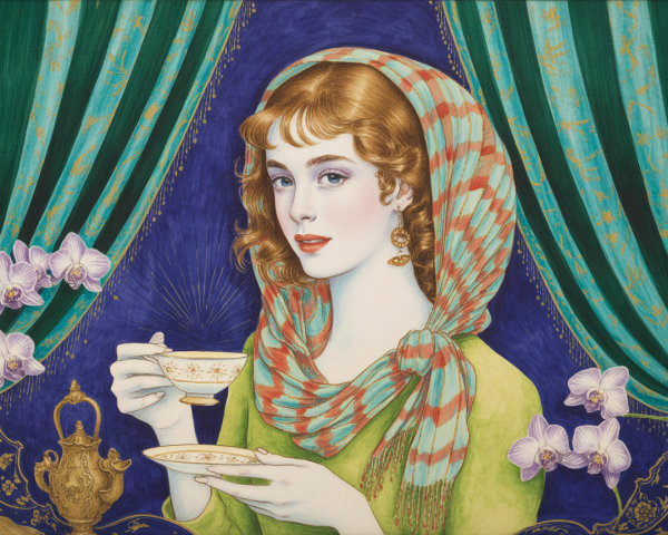 Portrait of a Woman with Wavy Auburn Hair and Teacup