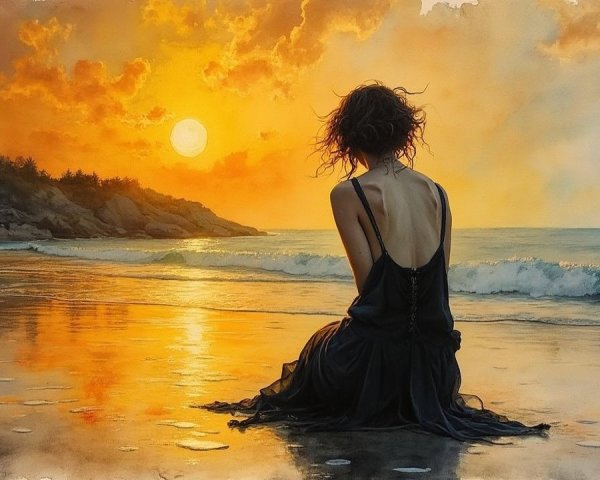 Woman in black dress at beach during sunset