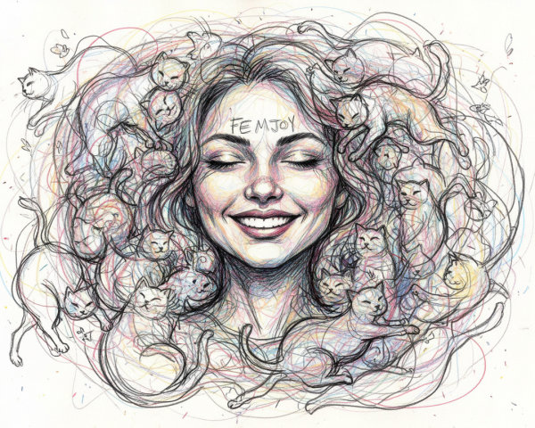 Whimsical Pencil Sketch of a Smiling Woman with Cats