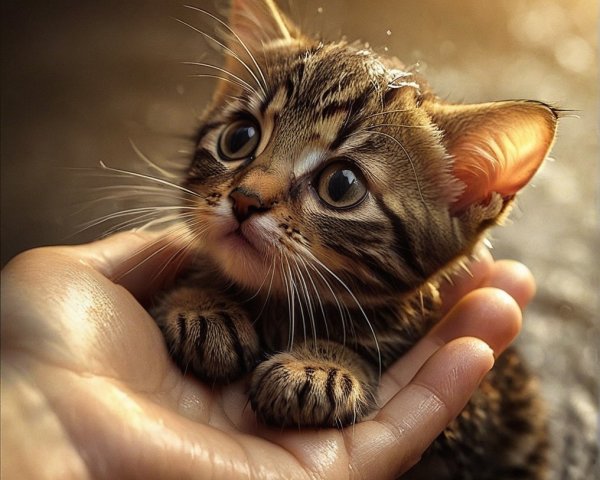 Small kitten resting in a hand with sunlight glow