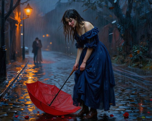 Woman in Rain on Cobblestone Street with Umbrella