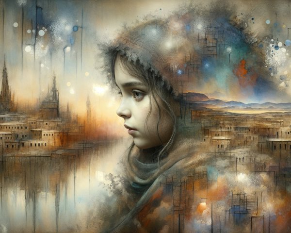 Thoughtful Girl in Ethereal Landscape with Abstract Shapes