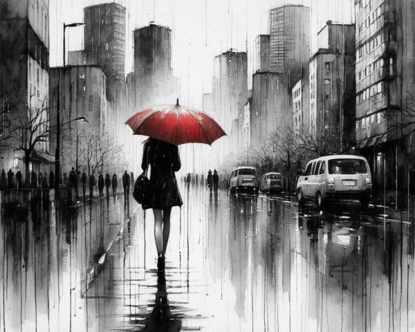 Woman in Black Dress with Red Umbrella in Rainy City