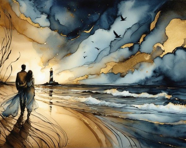 Watercolor Coastal Scene with Couple at Sunset