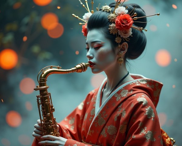 Serene Figure in Red Kimono Playing Saxophone