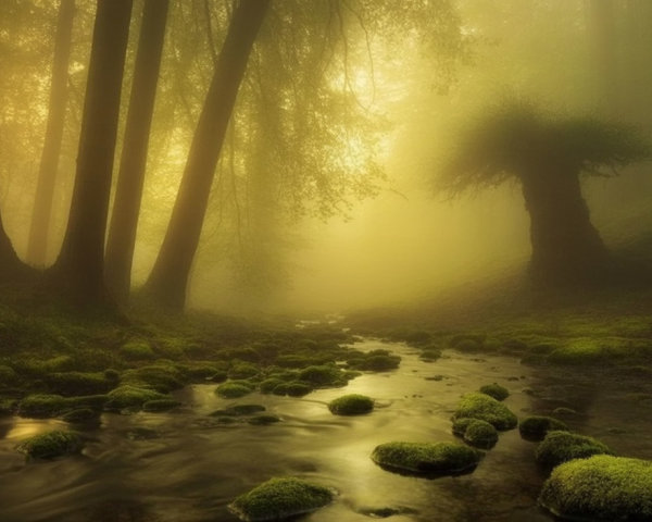 Serene misty forest scene with gentle stream and light