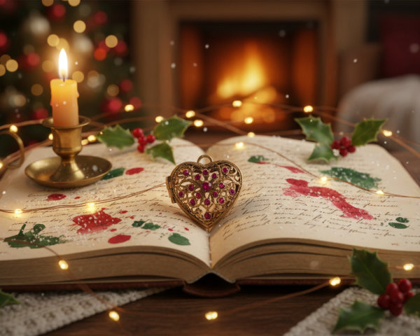 Aged Book with Illustrations and Holiday Decor Elements