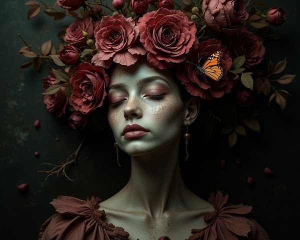 Serene Figure with Red Rose Crown and Butterfly