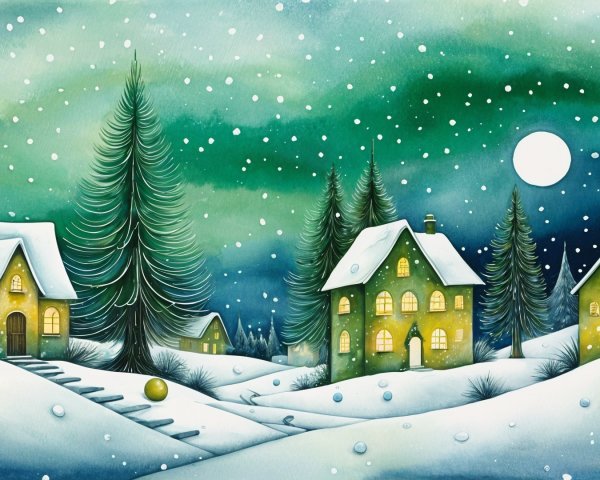Serene Winter Landscape with Snowy Houses and Moonlight