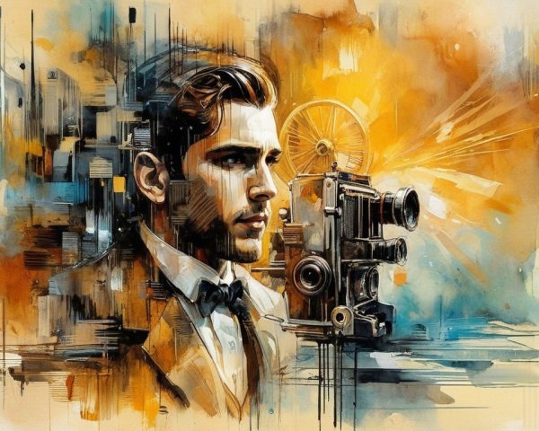 Stylized Portrait of Young Man with Vintage Camera