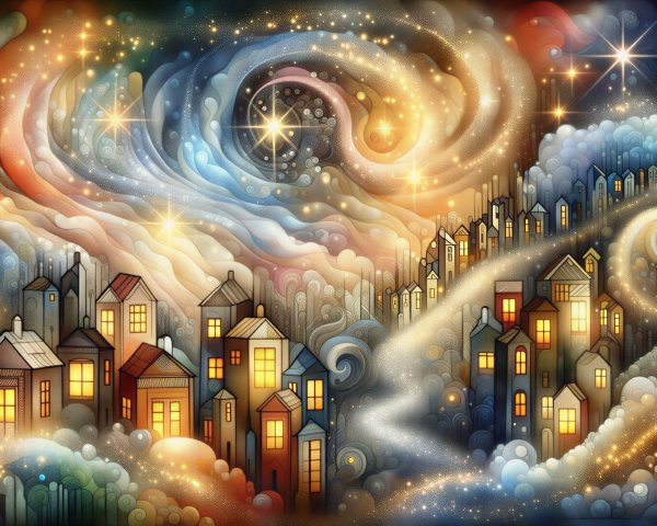 Whimsical Night Scene with Vibrant Colors and Stars
