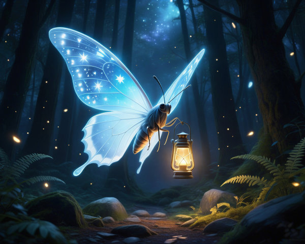 Luminous Butterfly in a Dark Forest with Lantern